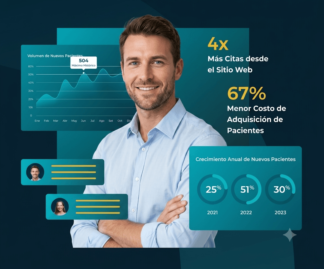 Resultados de marketing de LogiaCare: 4 veces más citas desde el sitio web, 67% menor costo de adquisición de pacientes, y crecimiento anual de nuevos pacientes de 25% en 2021, 51% en 2022 y 30% en 2023